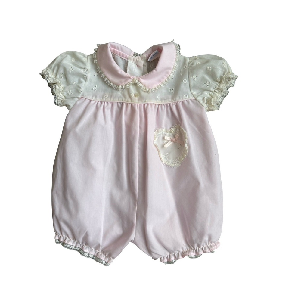 Vintage Alexis Pink Eyelet Lace Trim Bubble Romper Sz 6-9-12 Mos